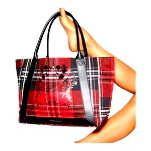 Victoria's Secret Red Black Plaid Tote Work Overnight Shoulder Bag Purse NWT